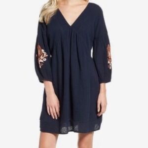 Caslon Navy Blue Embroidered Gauze V-Neck Shift Dress XS Balloon Sleeve Boho